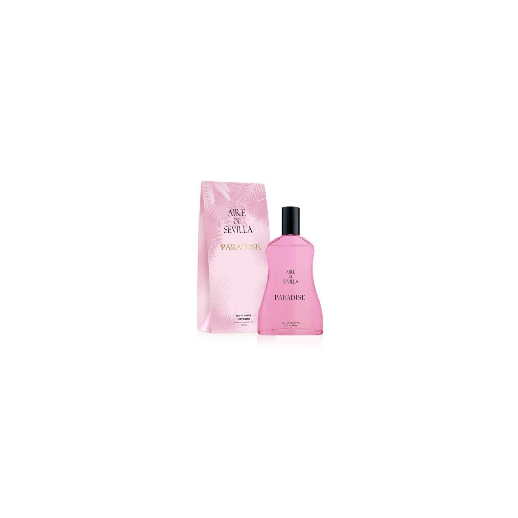 Rosa Flakon und Verpackung. Flakon mit schwarzem Verschluss. Aufschrift: Aire de Sevilla Paradise.