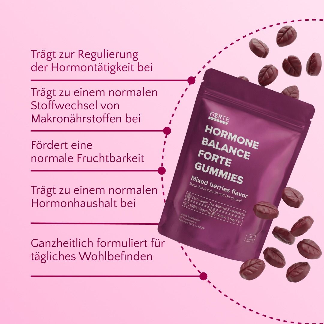 Beutel mit Gummies. Aufschrift: Hormone Balance Forte Gummies. Text: Trägt zur Regulierung bei, fördert Fruchtbarkeit, Hormonhaushalt.