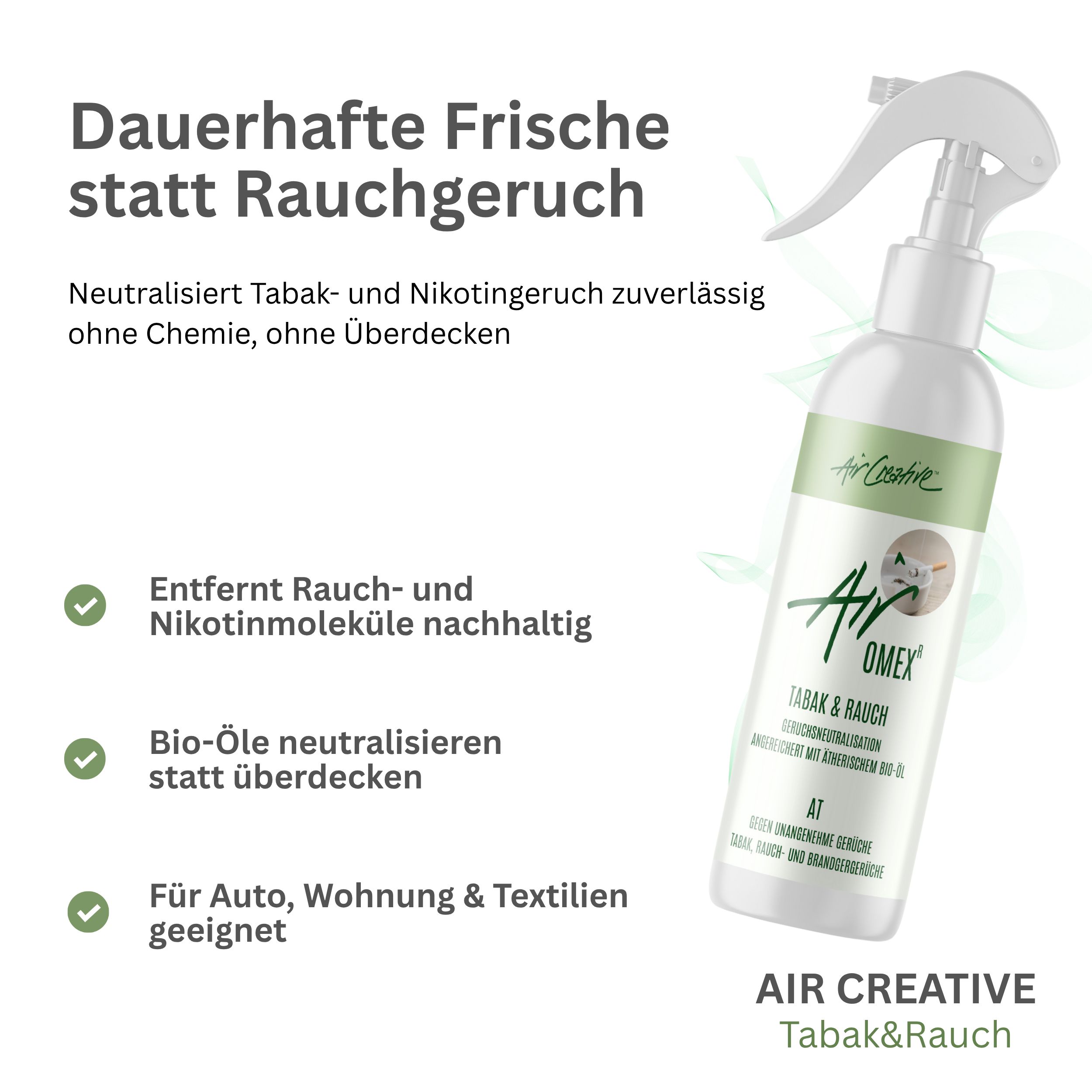 Air Creative® OMEX Tabak & Rauch Spray. Produktflasche mit Text. Neutralisiert Tabak- und Nikotingeruch. Für Auto, Wohnung & Textilien geeignet.