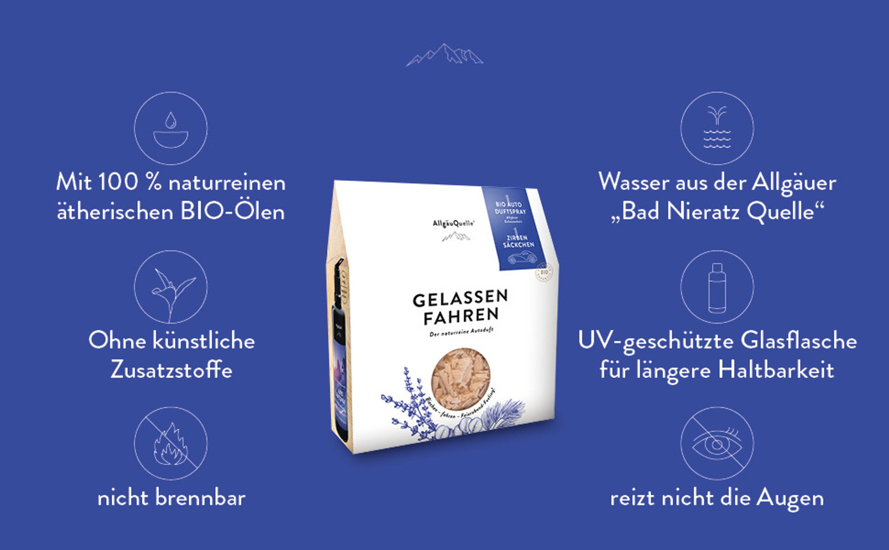 AllgäuQuelle® Mini BIO Auto-Duft-Set, Duftspray & Zirben-Säckchen, Auto- Erfrischer