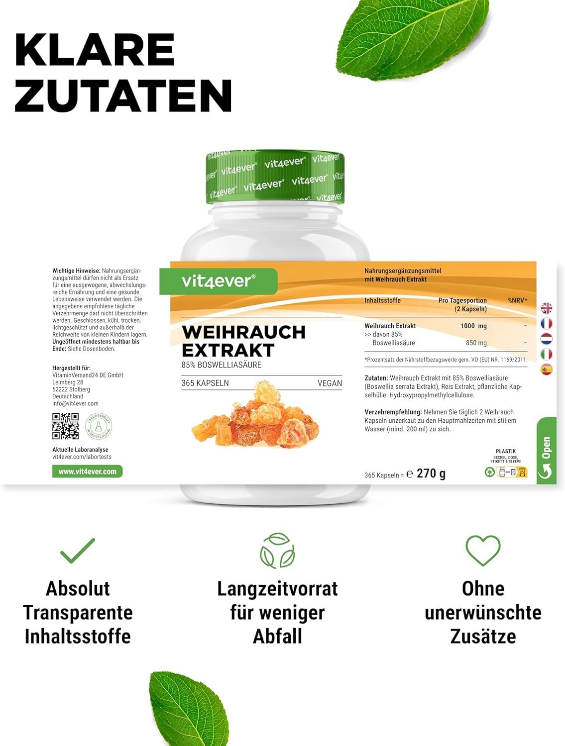 Weihrauch Extrakt Flasche mit Etikett. Aufschrift: vit4ever, Weihrauch Extrakt, 85% Boswelliasäure, 365 Kapseln. Vegan. Zusätzliche Informationen.