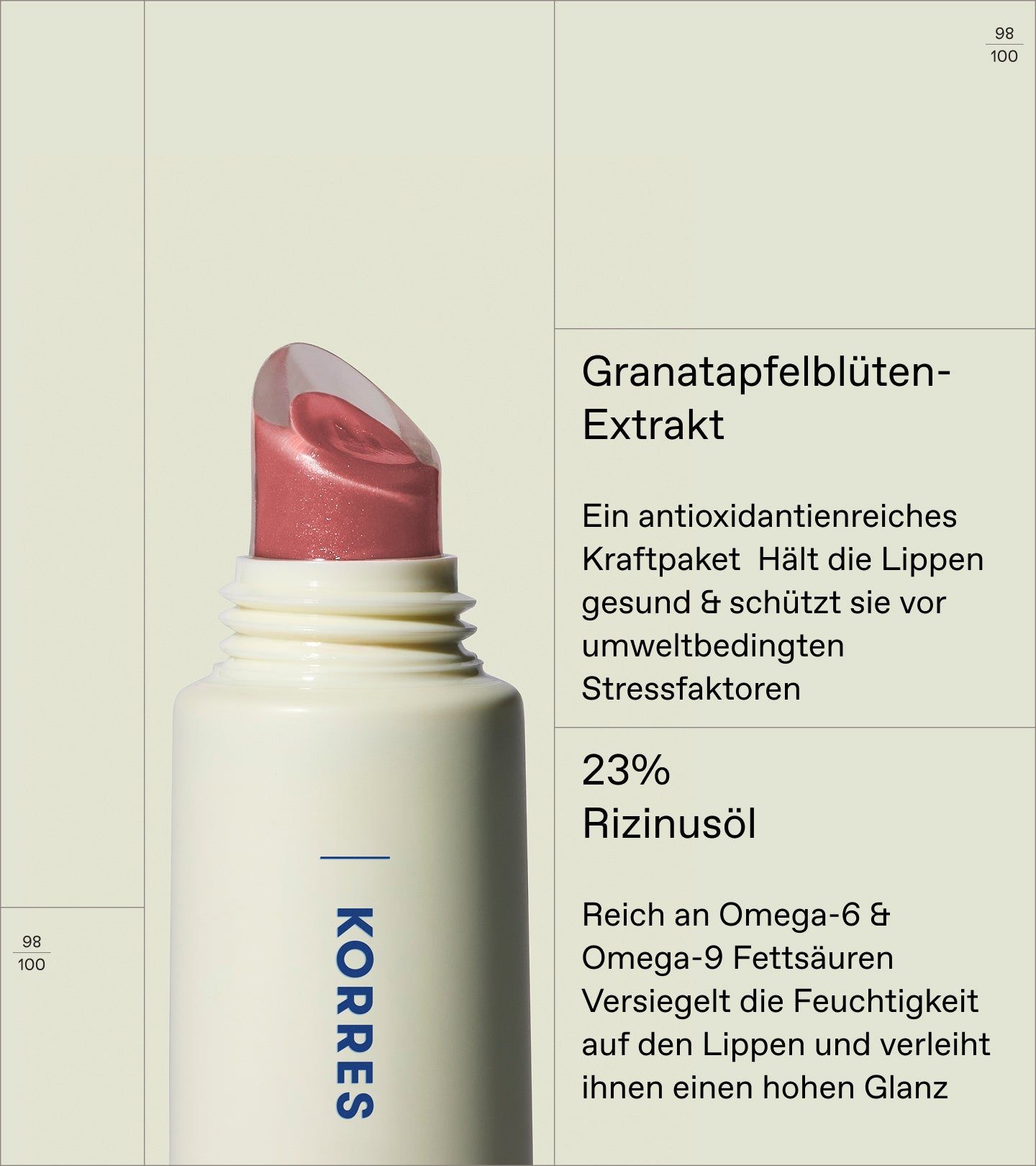 KORRES Lippenstift-Applikator mit rosa Farbe, Nahaufnahme.