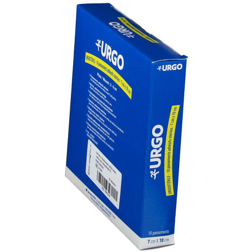 Blaue Urgosterile-Verpackung, schräg. Enthält 10 sterile Pflaster, 7 cm x 10 cm. Mit Urgo-Logo und Produktnamen.