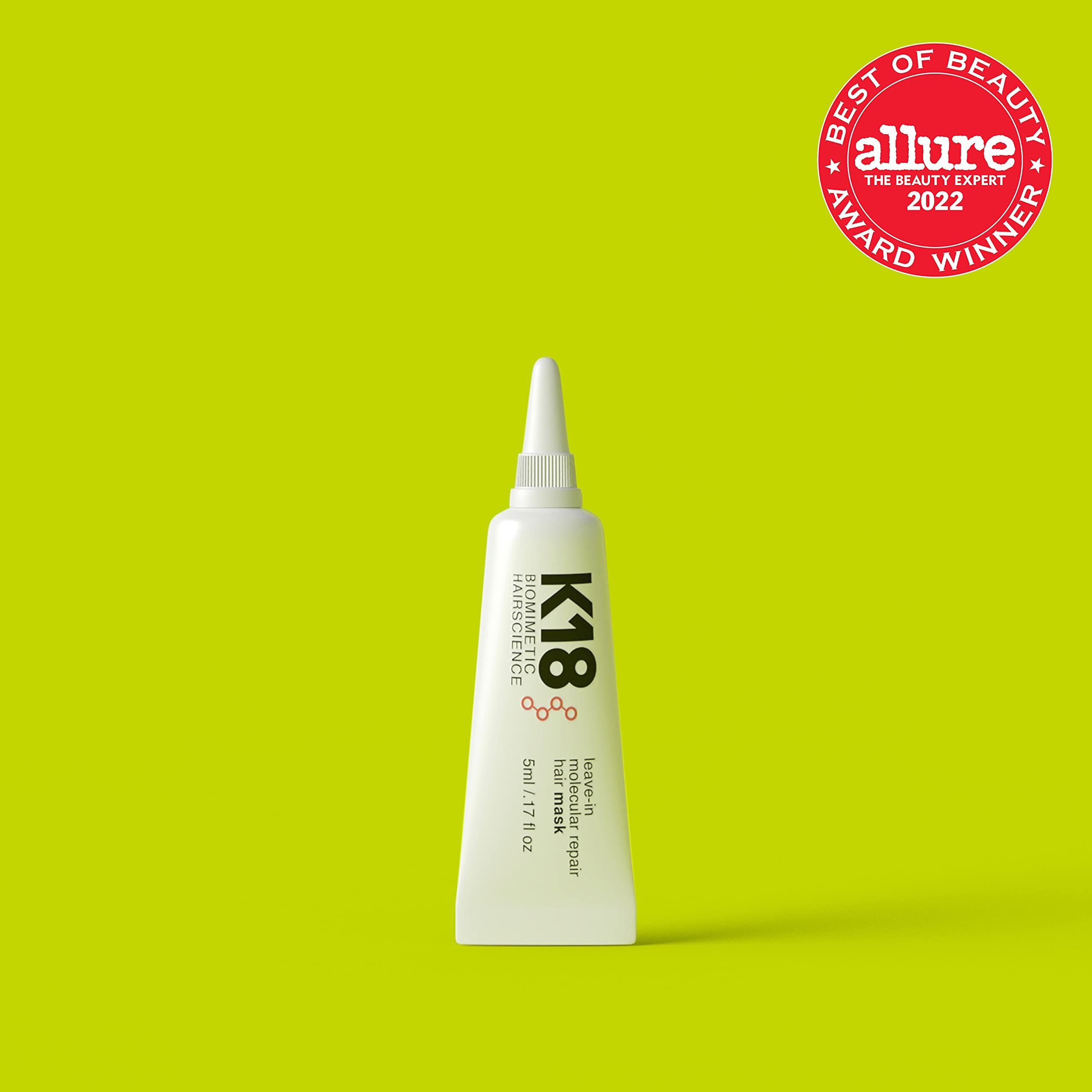 Weiße Tube mit K18-Logo und Text. Auf gelbem Hintergrund. Auszeichnung 'Best of Beauty 2022'.