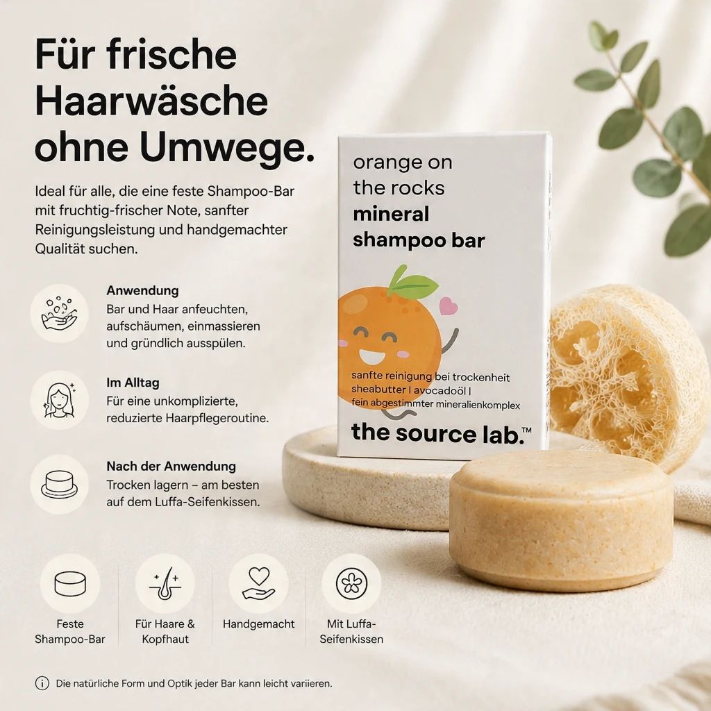 Feste Shampoo Bar für Haare und Kopfhaut, handgemacht mit Orangen-Note.