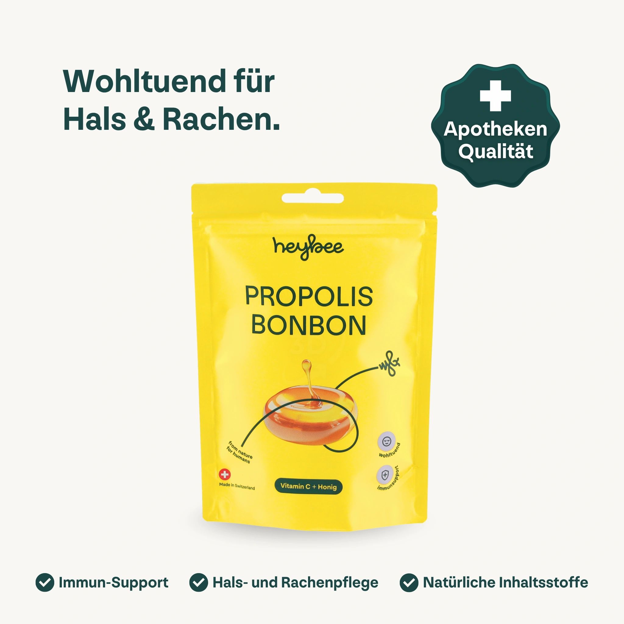 Gelbe Verpackung mit Heybee Propolis Bonbon. Text: Propolis Bonbon, Vitamin C + Honig. Apotheken Qualität.