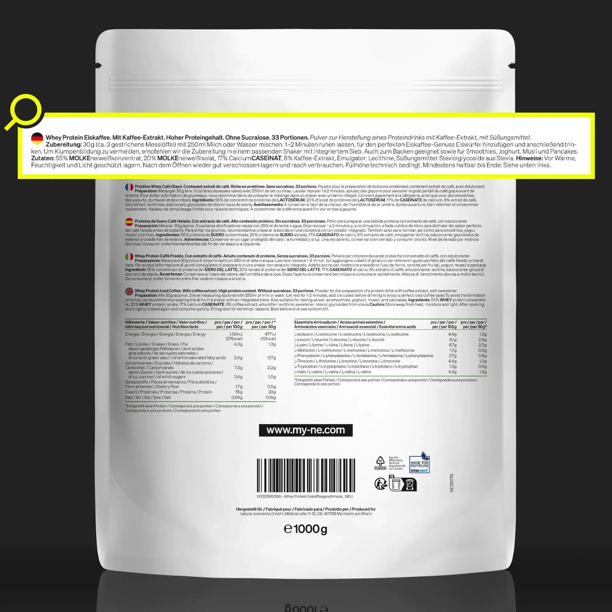 natural elements Whey Protein Pulver – Eiskaffee – 1kg – 23g Protein & 2,5g Kaffee-Extrakt/Portion