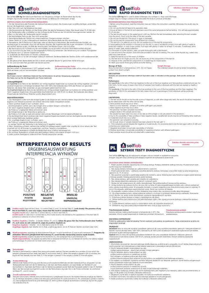 Mehrsprachige Gebrauchsanweisung für einen Schnelltest. Enthält Informationen zur Interpretation der Ergebnisse.