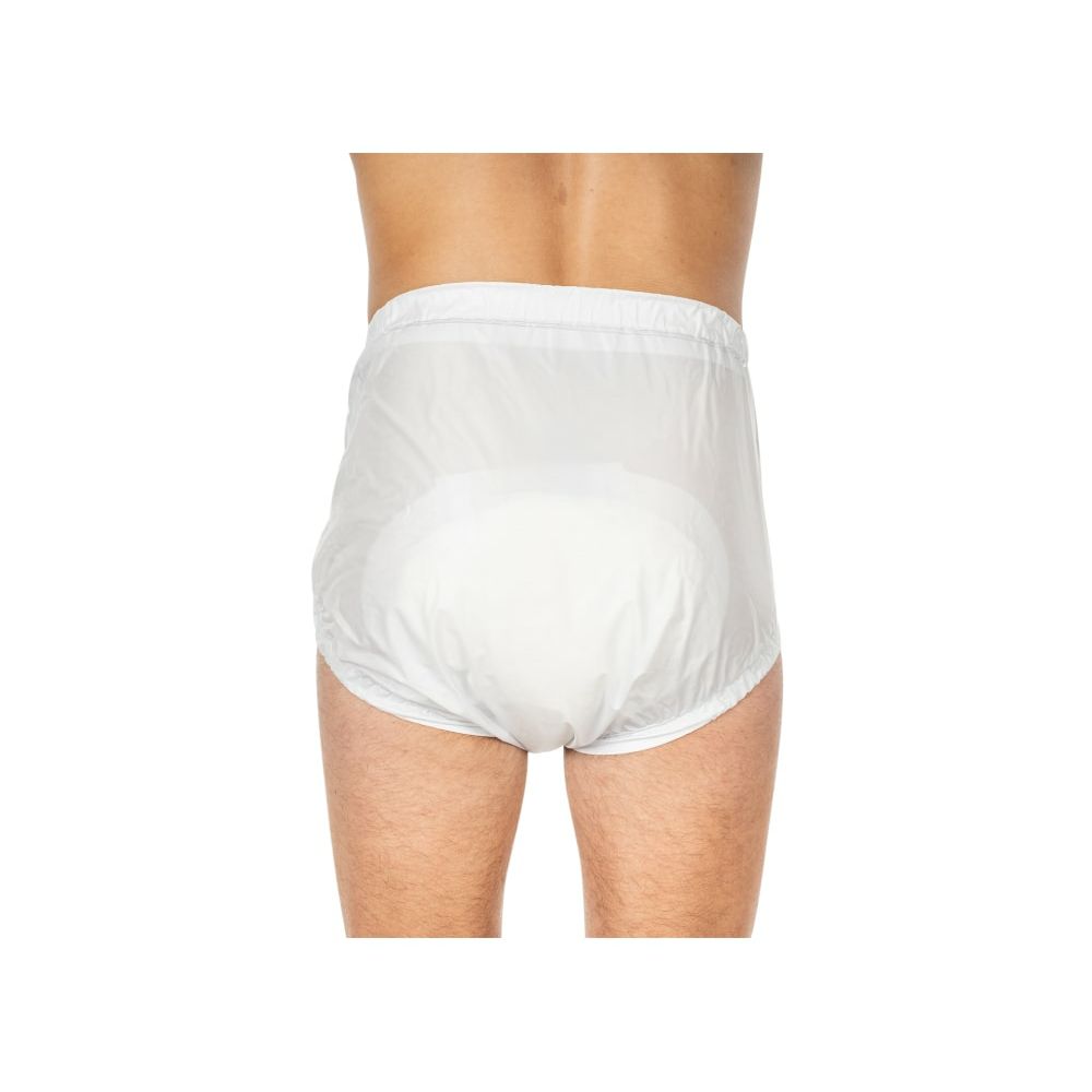Inkontinenzhose, weiß, von hinten gezeigt. Elastischer Bund und Beinabschlüsse.