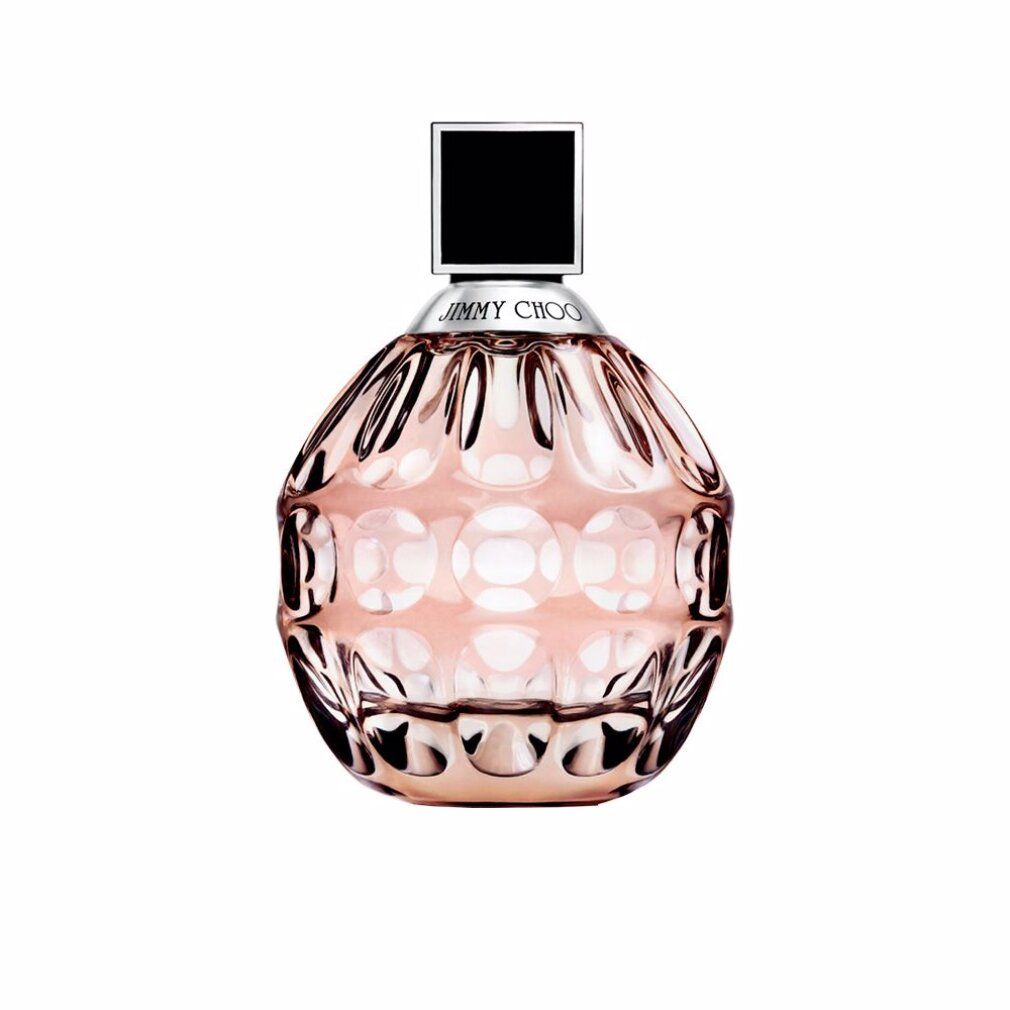 Jimmy Choo Eau de Parfum Flakon. Rundlicher Flakon mit schwarzem Deckel und silberner Umrandung.