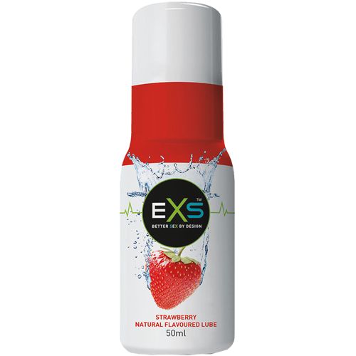 Flasche mit weißem Deckel, rotem Mittelteil und weißem Etikett. Logo EXS, Erdbeere und Schriftzug Strawberry Natural Flavoured Lube.