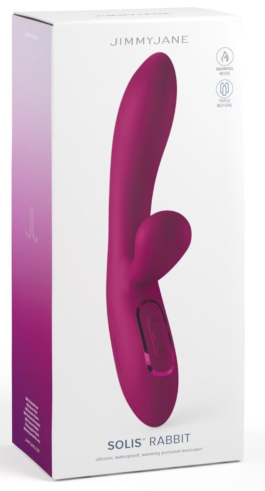 Produktverpackung mit lila Vibrator. Marke JimmyJane, Modell Solis Rabbit.