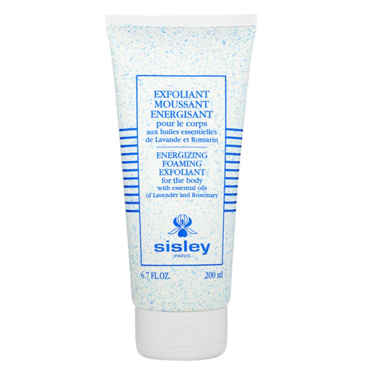 Weiß-blaue Tube mit Produktbezeichnung und Sisley-Logo. Text: Exfoliant Moussant Energisant. 200 ml.