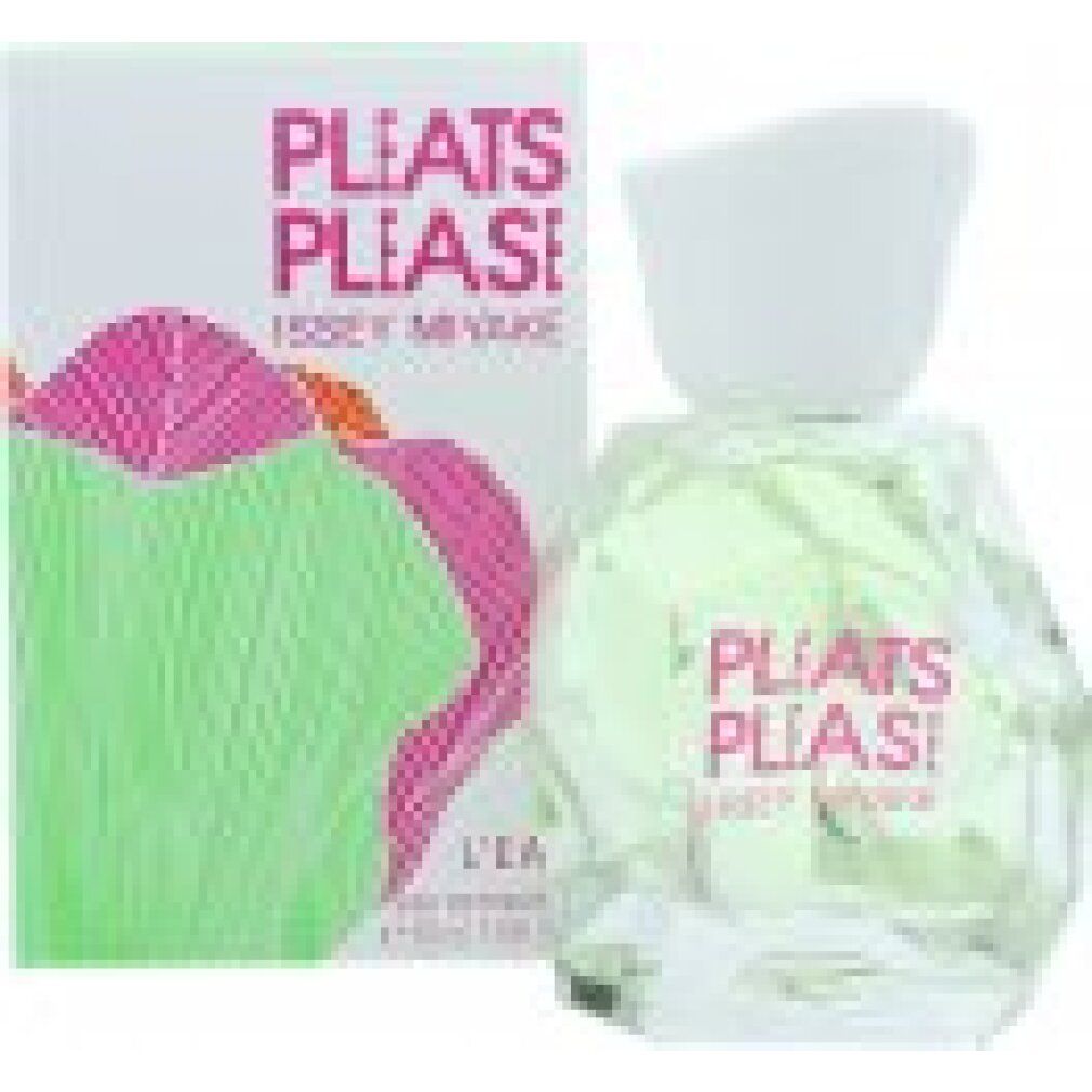 Flakon und Schachtel mit Aufschrift Pleats Please Issey Miyake. Grün-rosa Design. L'Eau Eau de Toilette.