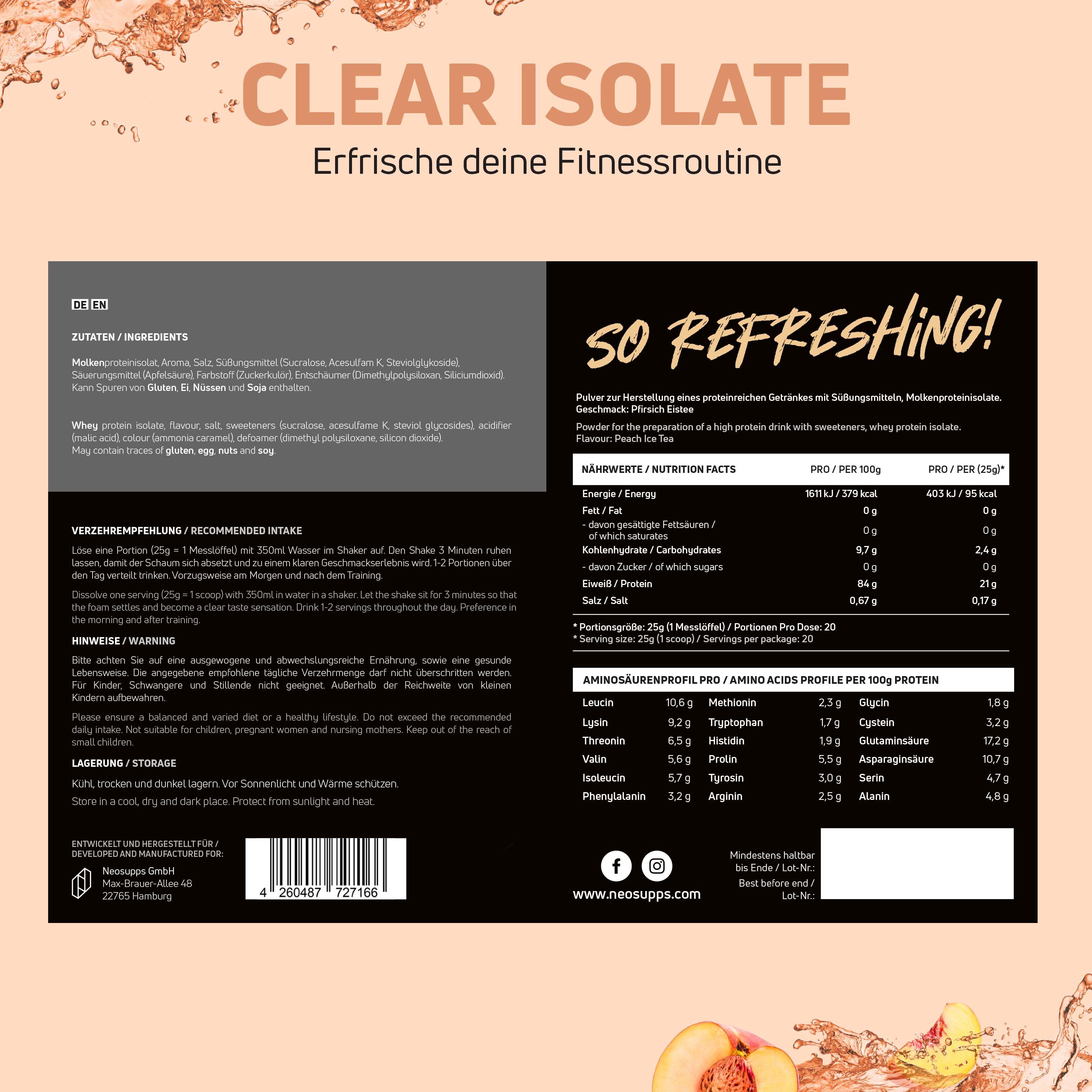 Produktinformationen auf braunem Hintergrund. Text: Zutaten, Nährwertangaben, Aminosäurenprofil. Marke: NEOSUPPS.