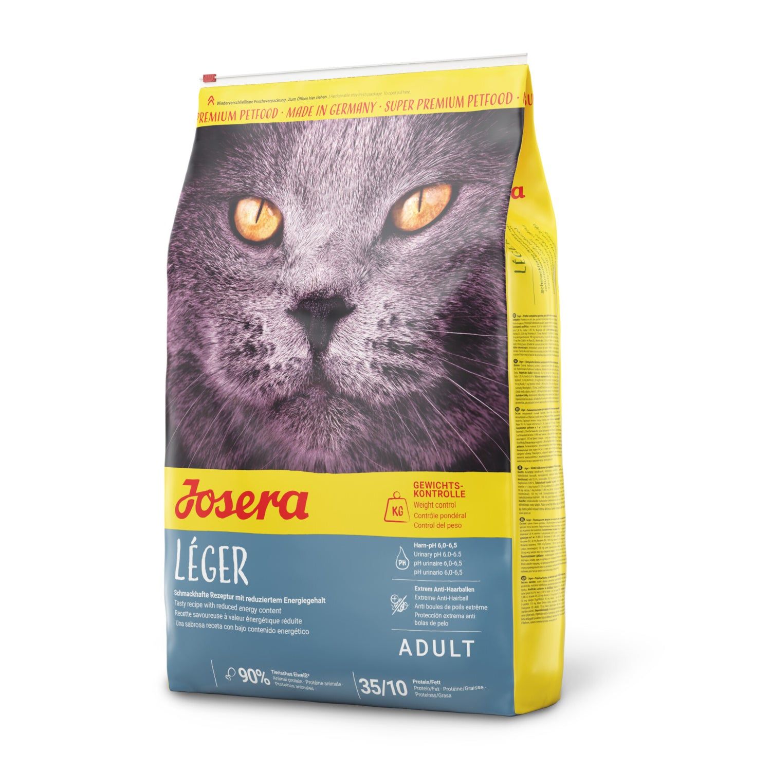 Josera Léger Katzenfutter-Beutel. Gelb-blaues Design mit Katzenkopf. Text: Léger, Adult, 35/10, 90%.