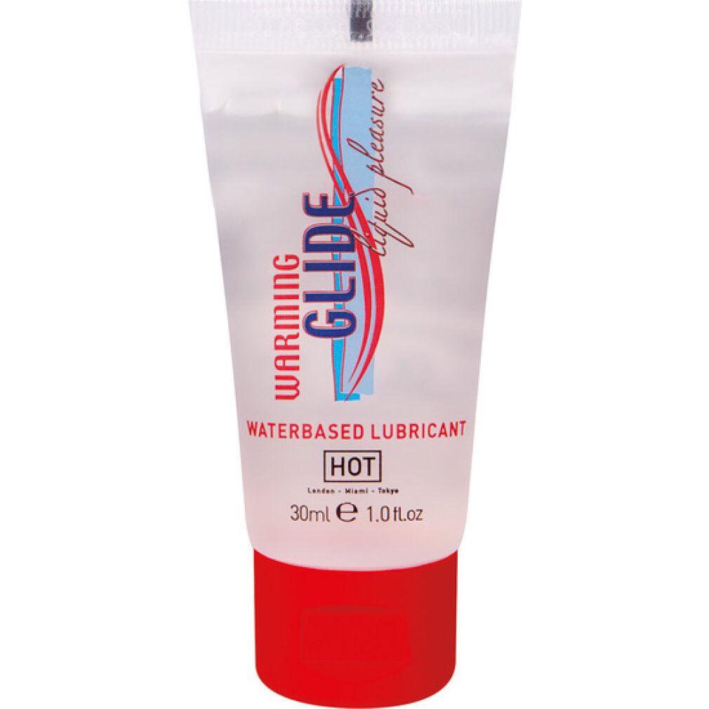Transparente Tube mit rotem Verschluss. Aufschrift: Warming Glide, Waterbased Lubricant, 30ml. Logo: HOT.