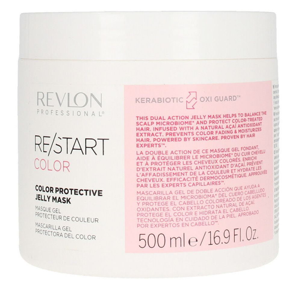 Weißer Tiegel mit Produktetikett. Aufschrift: Revlon Re-Start Color Protective Jelly Mask. 500 ml.