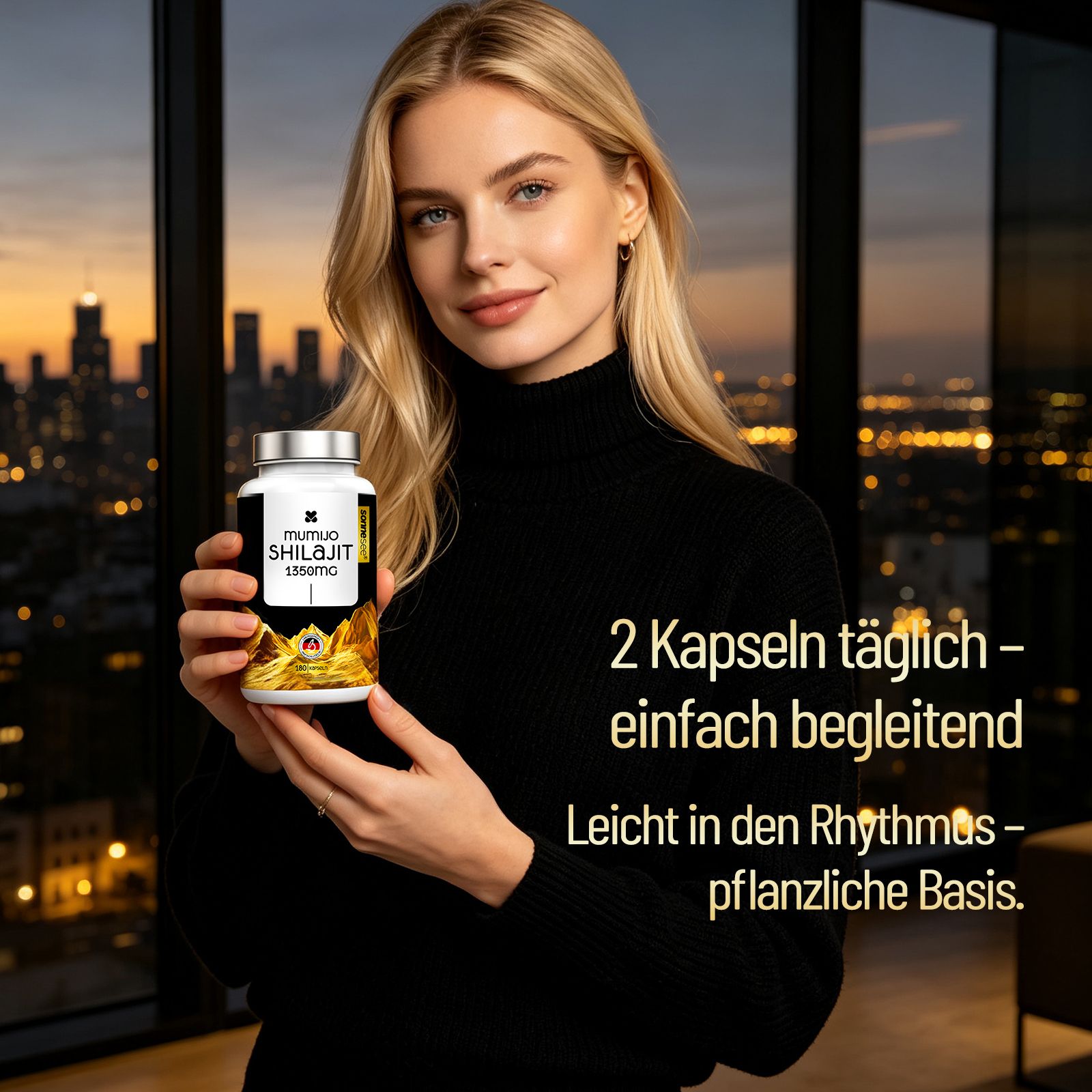 Eine Frau hält eine Flasche Mumijo Shilajit 150mg mit goldener Berg-Illustration.