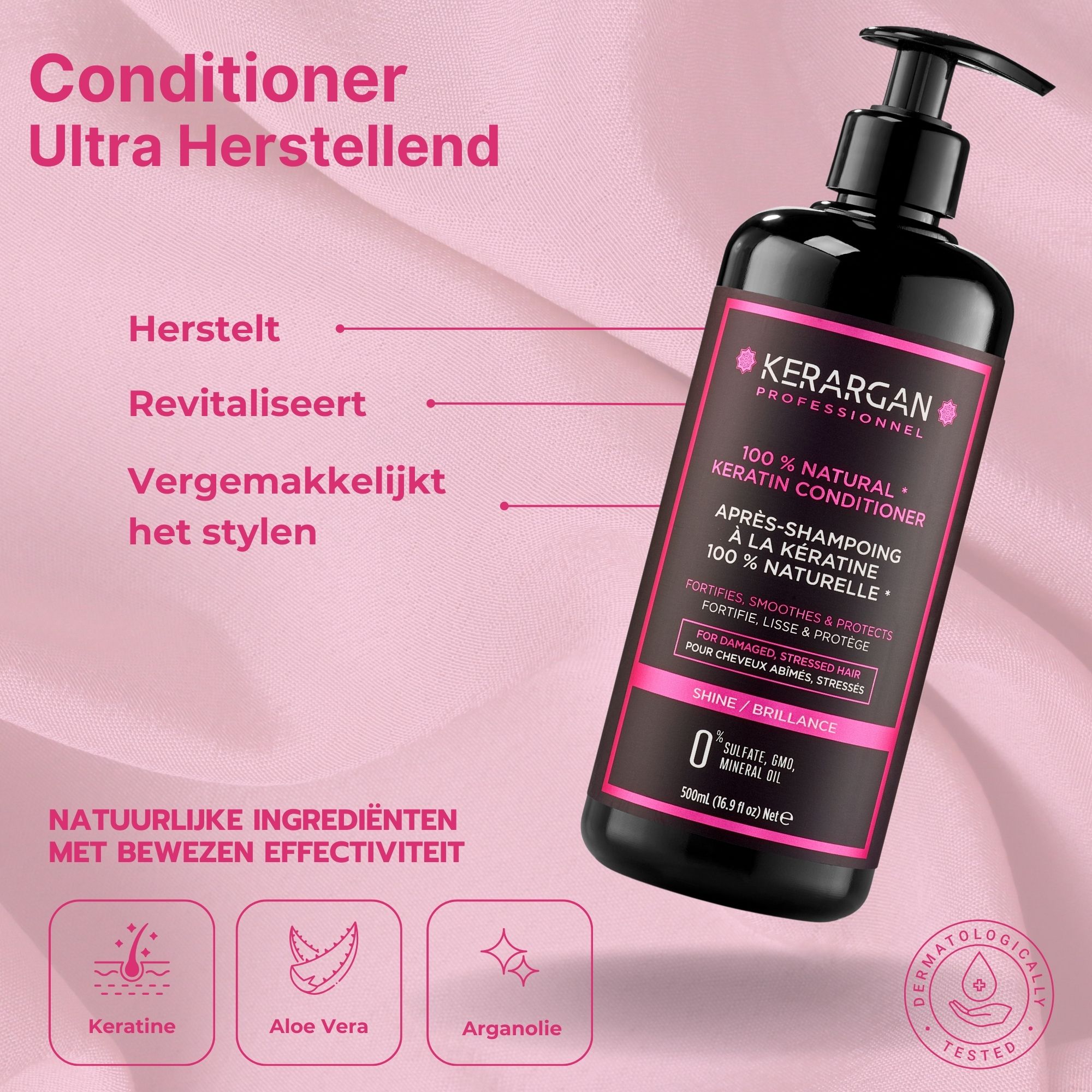 Zwarte fles Kerargan shampoo met roze etiket. Bevat 100% natuurlijke keratine. 500ml. Siliconenvrij. Dermatologisch getest.