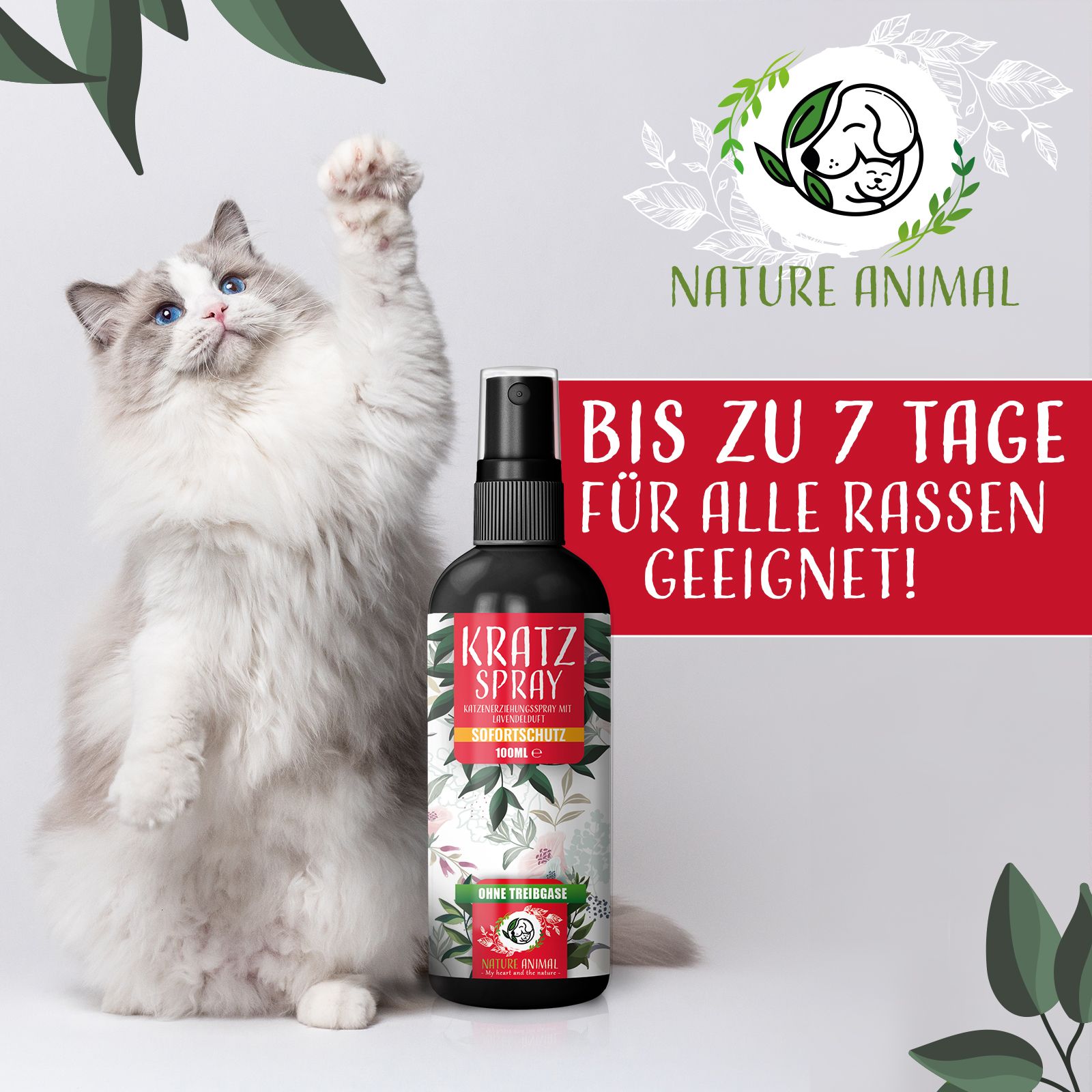 Katze neben Sprühflasche. Text: BIS ZU 7 TAGE FÜR ALLE RASSEN GEEIGNET! Logo: Nature Animal. Flasche mit Etikett.