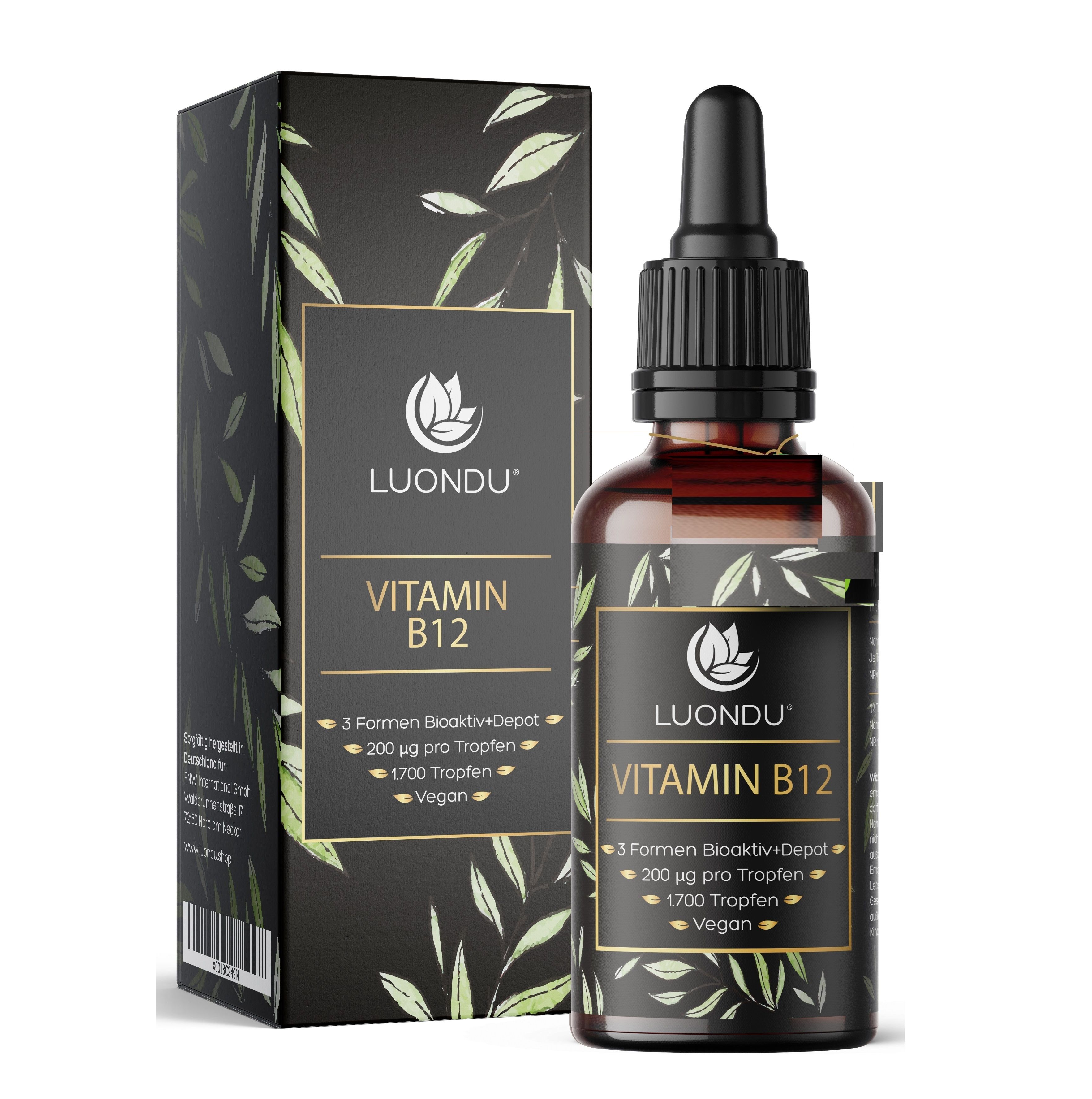 Braune Glasflasche mit schwarzem Deckel und Tropfer. Schwarze Verpackung mit Produktinformationen. Aufschrift: Luondu Vitamin B12.