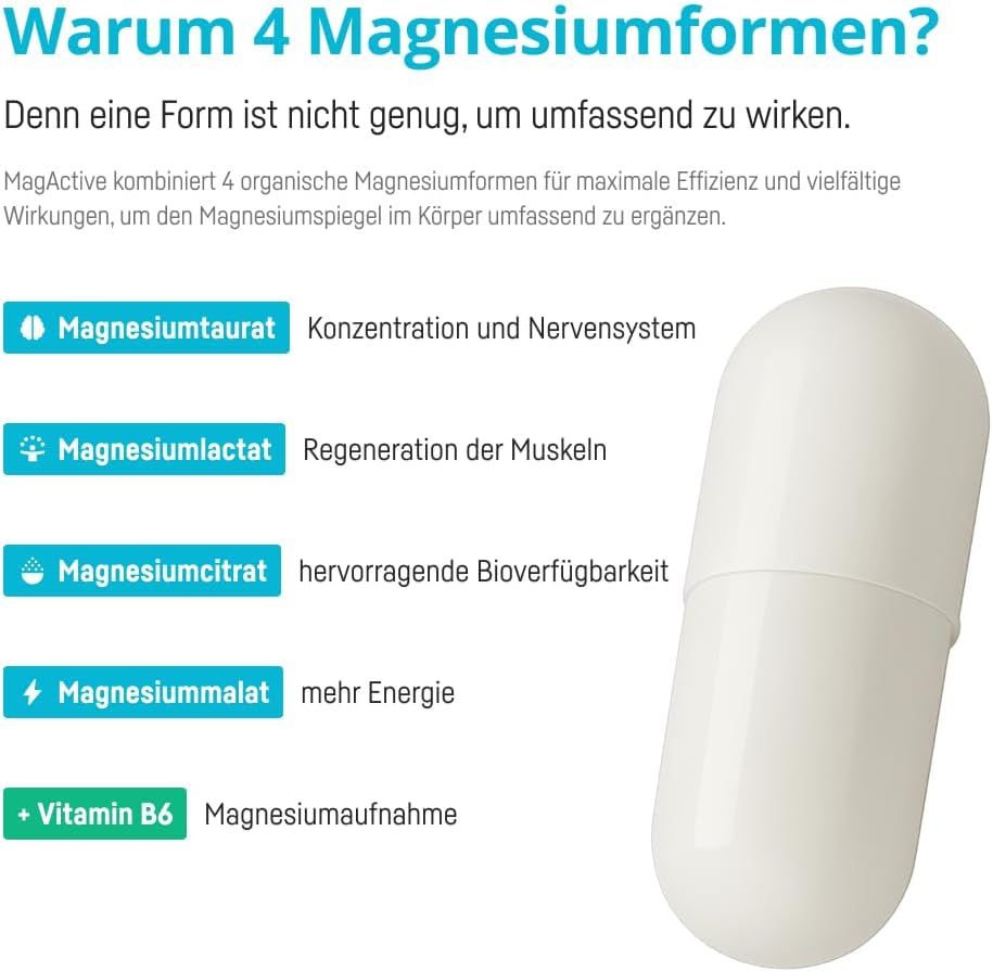 Bio Medical Pharma MagActive: 4 Magnesiumformen und Vitamin B6 für verschiedene Körperfunktionen.