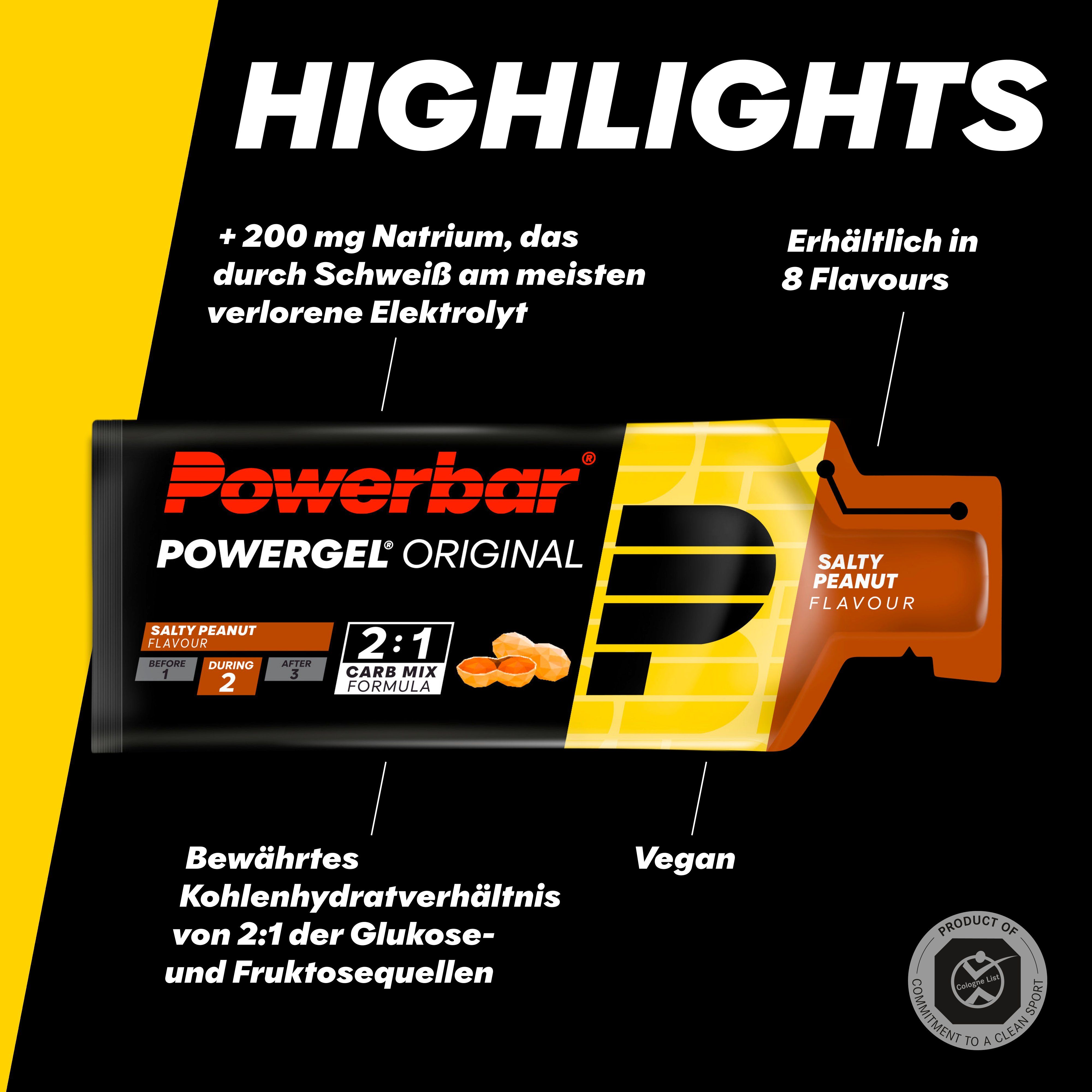 PowerBar PowerGel Original, "Salty Peanut"-Geschmack. Gelb, braun und schwarz. 2:1 Carb Mix Formula. Vegan. Enthält 200mg Natrium.