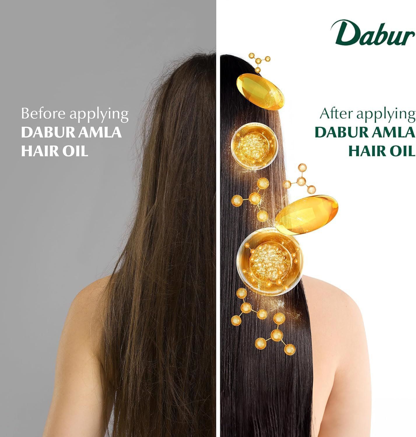 Vorher-Nachher-Vergleich: Haare vor und nach der Anwendung von Dabur Amla Haaröl. Glanz und Struktur.
