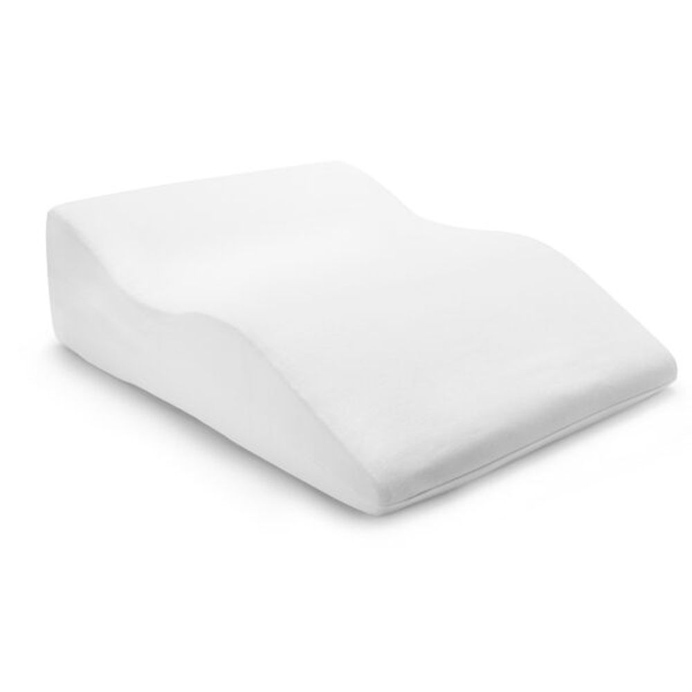 Beinlagerungskissen, weiß, ergonomische Form. Schrägfläche, wellenförmige Oberseite.