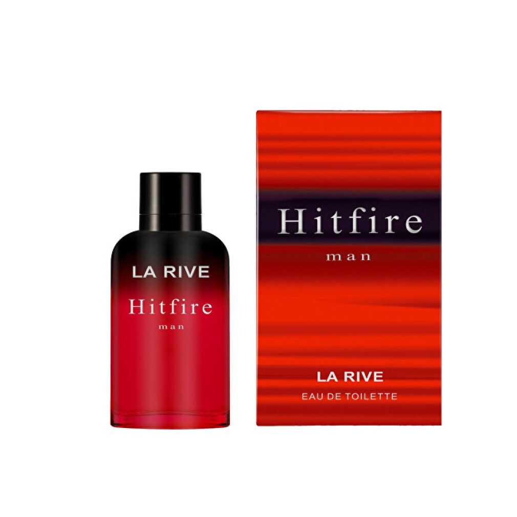 Rote Verpackung und Flakon. Aufschrift: Hitfire man, darunter: LA RIVE EAU DE TOILETTE. Flakon: schwarz-rot.
