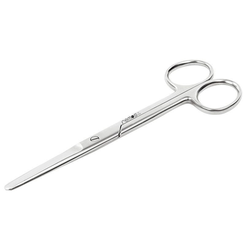 Schere mit gerader Schneide. Metall, silberfarben. Griffe mit Fingerlöchern. REMOS-Logo.