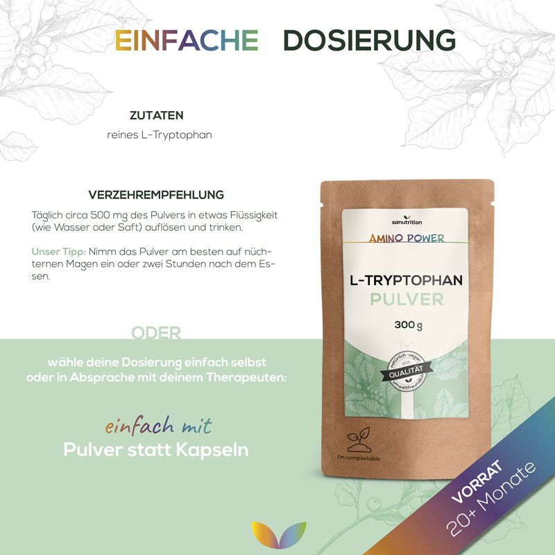 Grafik mit Produktabbildung. Braune Tüte mit weißem Etikett: L-Tryptophan Pulver, 300g. Text: Einfache Dosierung. Empfehlung: 500mg in Flüssigkeit auflösen.