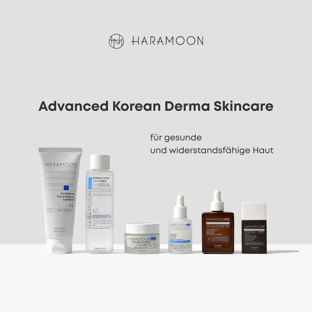 Verschiedene Hautpflegeprodukte, darunter Serum, Toner und Creme, mit Produktnamen.