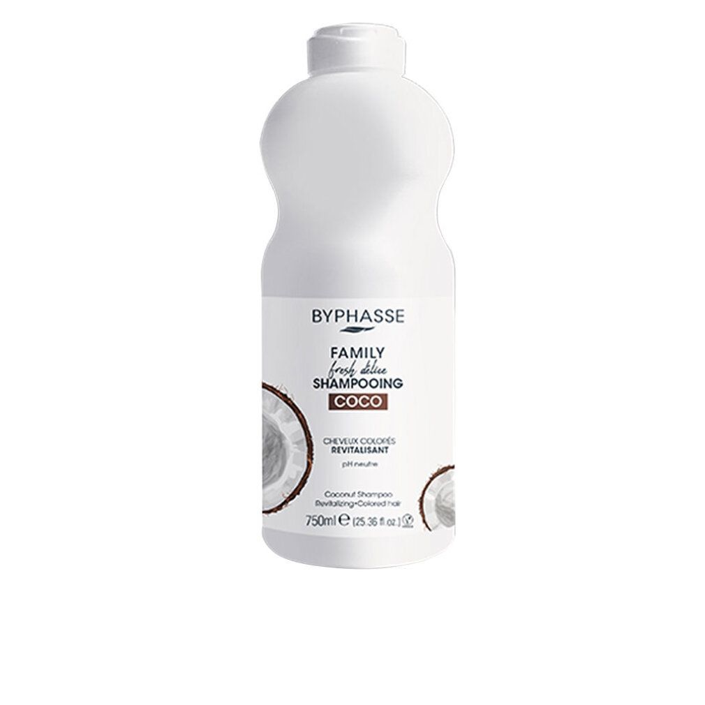 Weiße Flasche mit Etikett. Aufschrift: Byphasse Family Fresh Delice Champú. Kokos-Abbildung. 750ml.