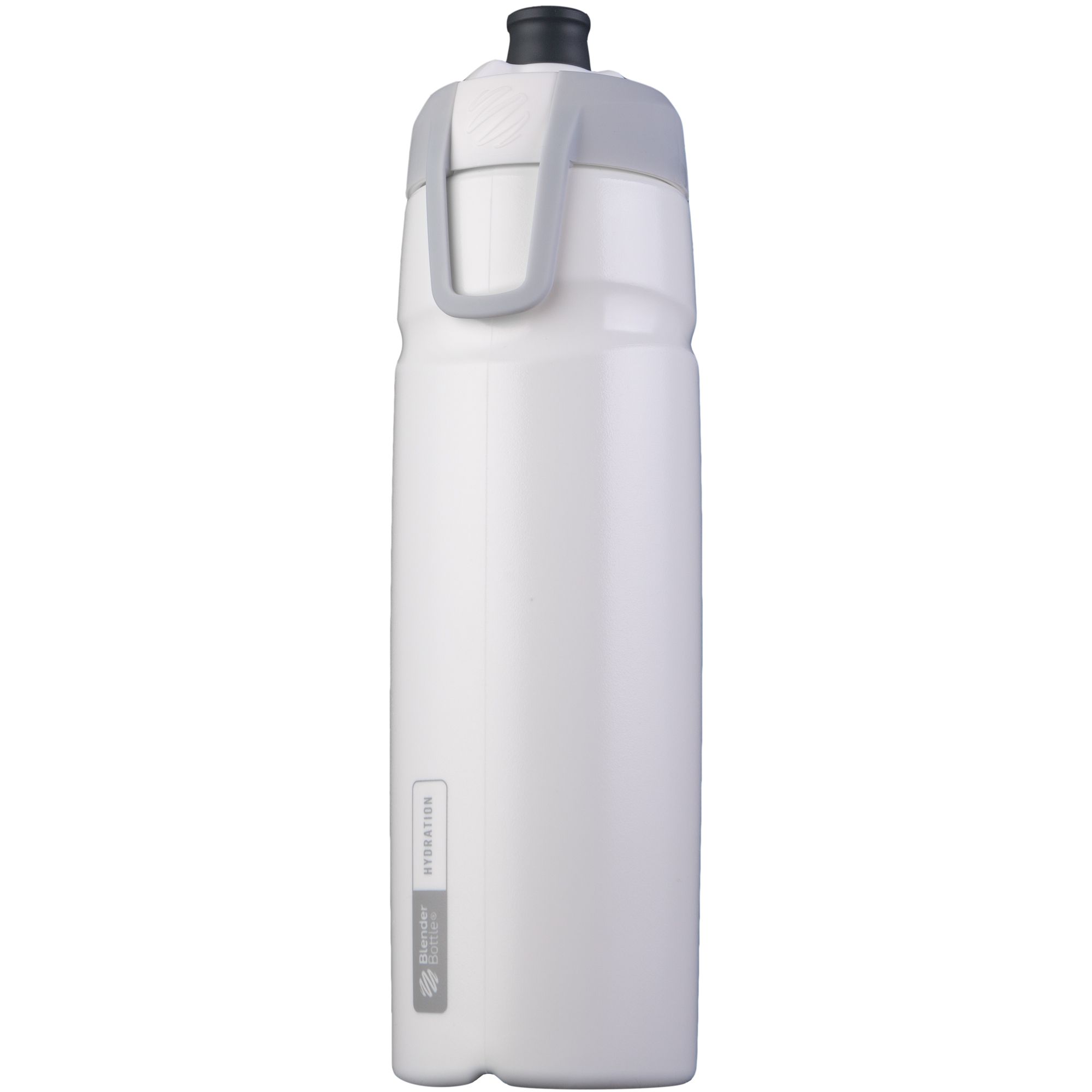 Weiße Trinkflasche mit grauem Deckel und Griff. Auf der Flasche befindet sich ein Etikett mit Text und Logo.