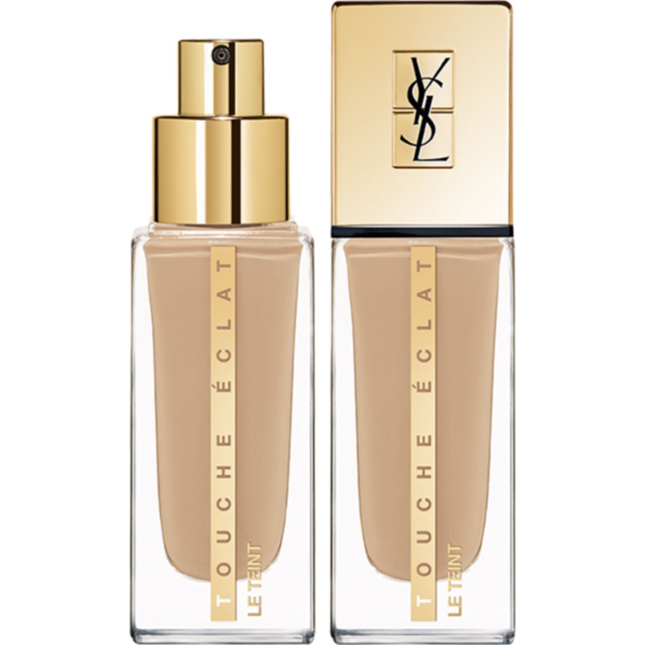 Zwei Flakons Yves Saint Laurent Touche Éclat Le Teint. Goldfarbene Deckel, transparente Behälter, Schriftzug.