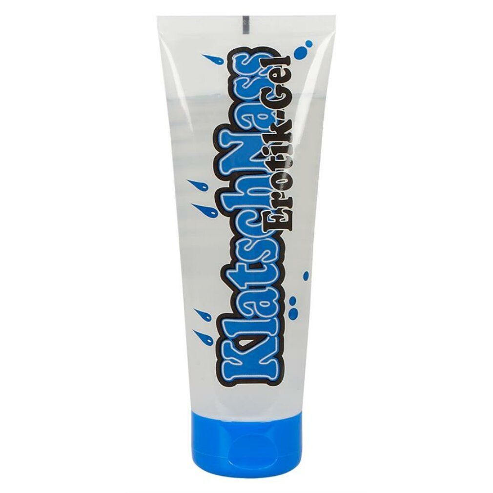 Transparente Tube mit blauem Schraubverschluss. Aufschrift: KlatschNass Erotikgel.
