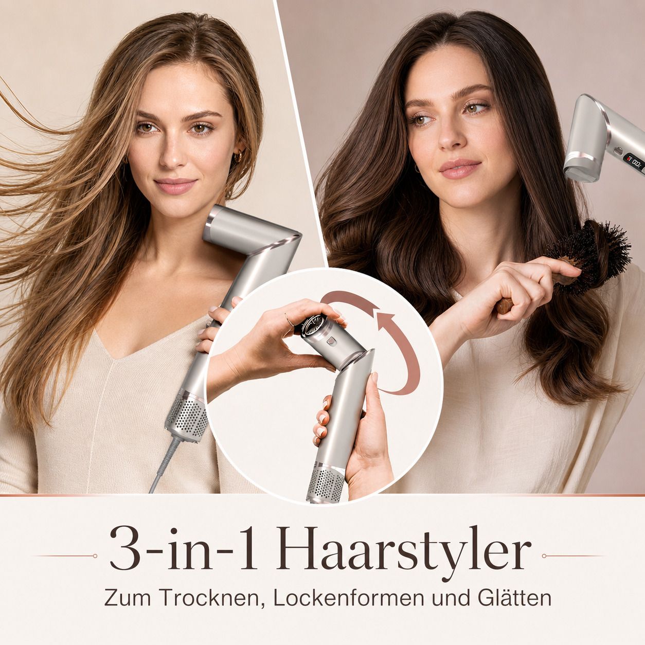 Airstyler in Anwendung. Zeigt das Gerät beim Trocknen, Locken und Glätten der Haare. Text in Deutsch.