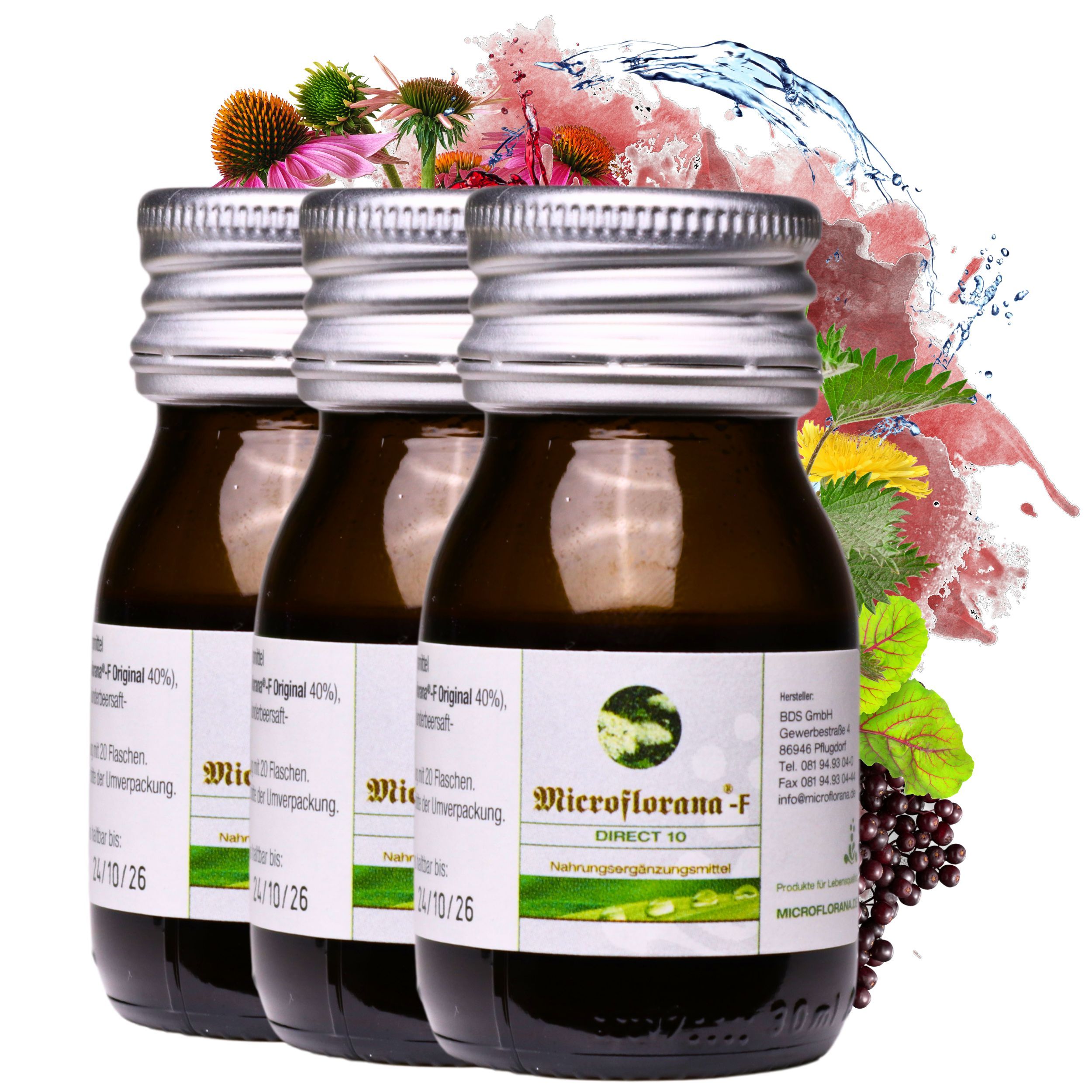Drei Flaschen Microflorana-F DIRECT 10. Aufdrucke: Nahrungsergänzungsmittel. Hintergrund mit Blüten und Wasser.