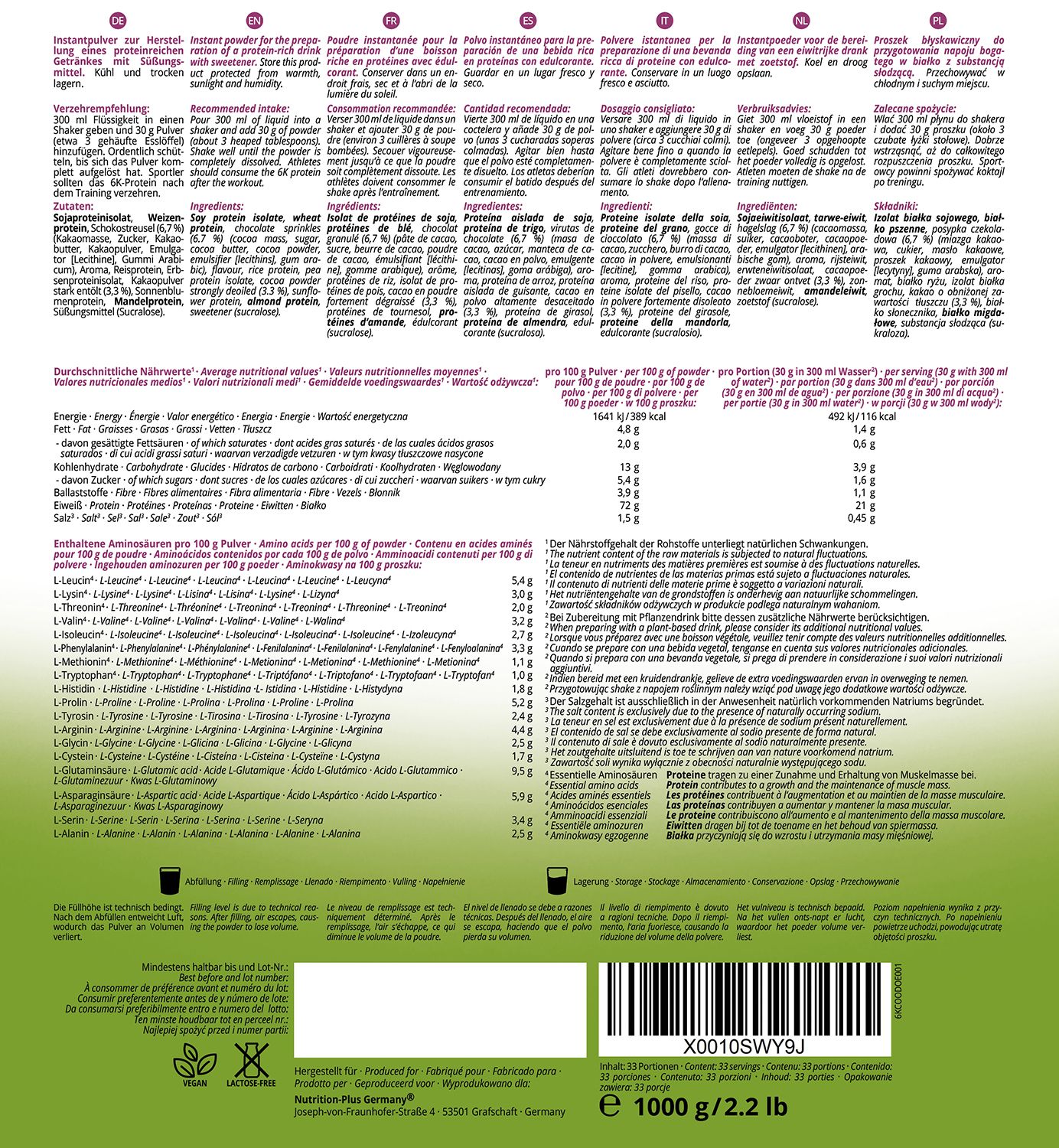 Rückseite der Protein-Pulver-Verpackung. Mehrsprachiger Text, Nährwertangaben, Zutatenliste und Barcode sind sichtbar.