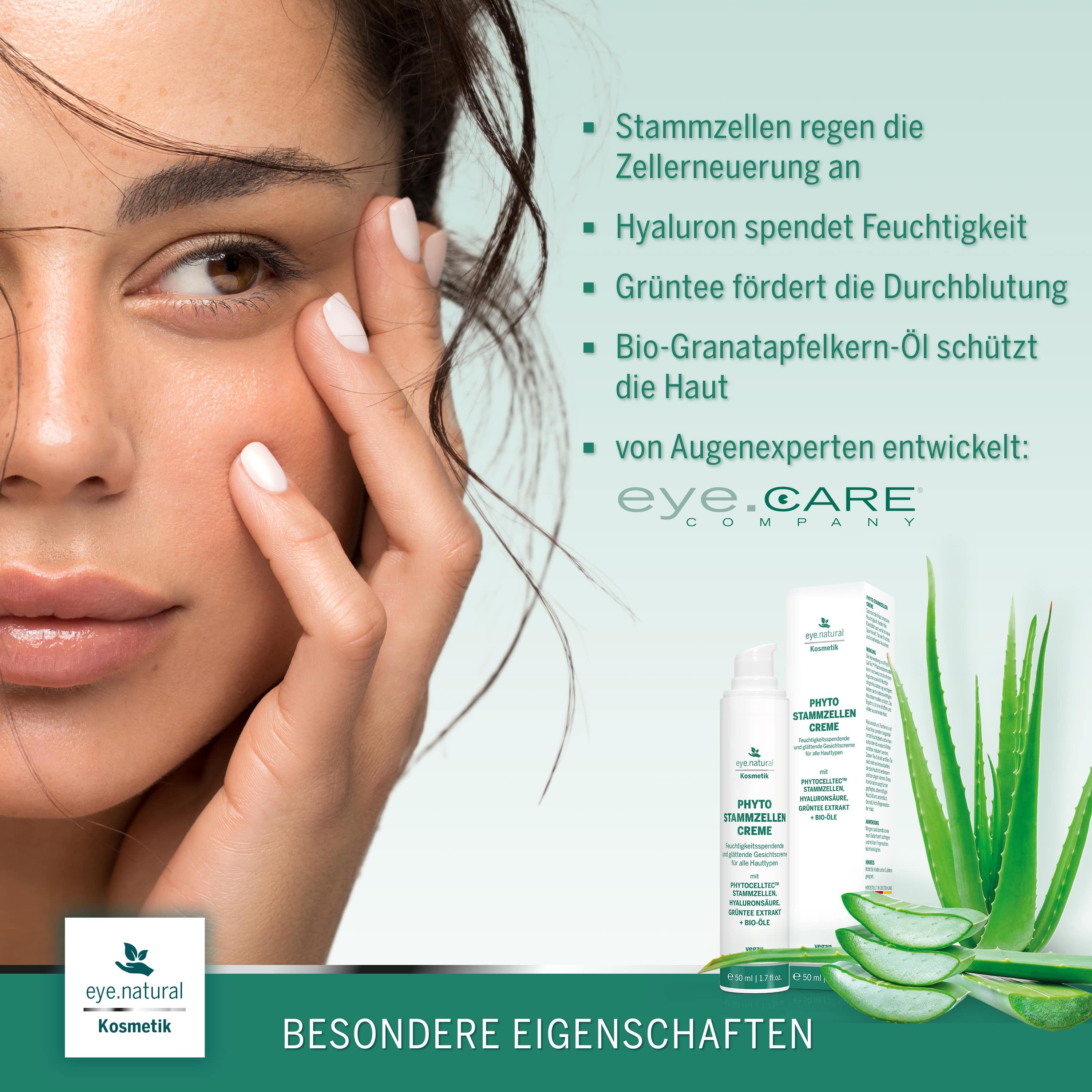 Frau berührt Gesicht. Neben ihr: Creme-Tube und Verpackung. Text: eye.CARE, Phyto Stammzellen Creme. Aloe Vera.