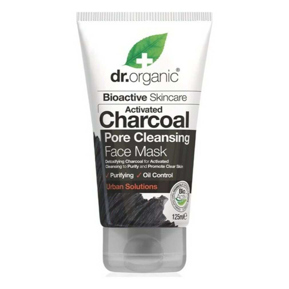 Tube mit Dr. Organic Charcoal Face Mask. Weißes Tube mit schwarzer Schrift. Enthält Aktivkohle. Bio-Zertifizierung.
