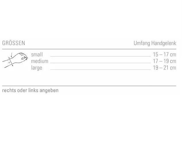 Größentabelle für Handgelenkumfang. Größen: small, medium, large. Maße in cm: 15-17, 17-19, 19-21. Für rechts oder links.