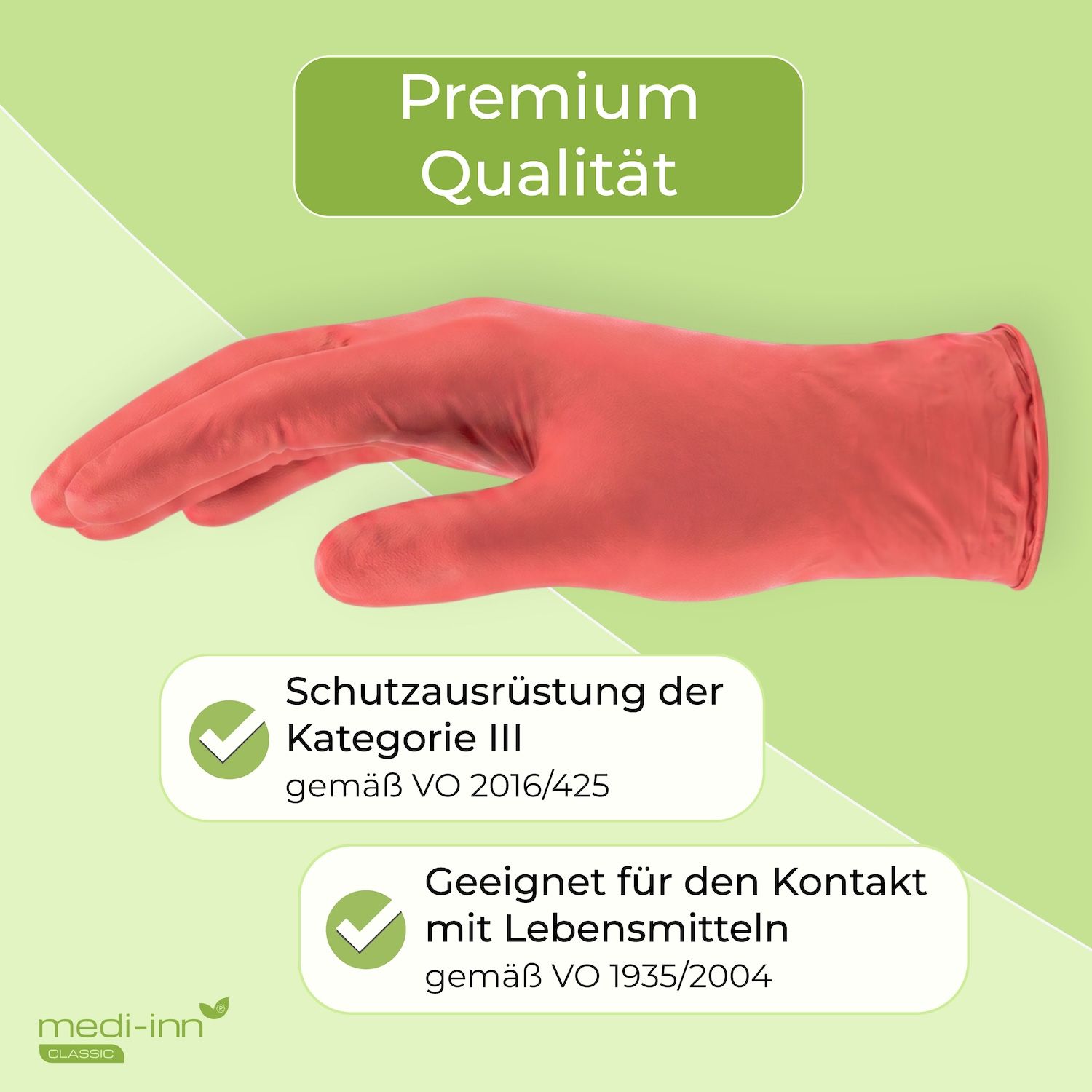 Roter Nitrilhandschuh, Premium Qualität. Schutzhandschuh Kat. III, geeignet für Lebensmittelkontakt.