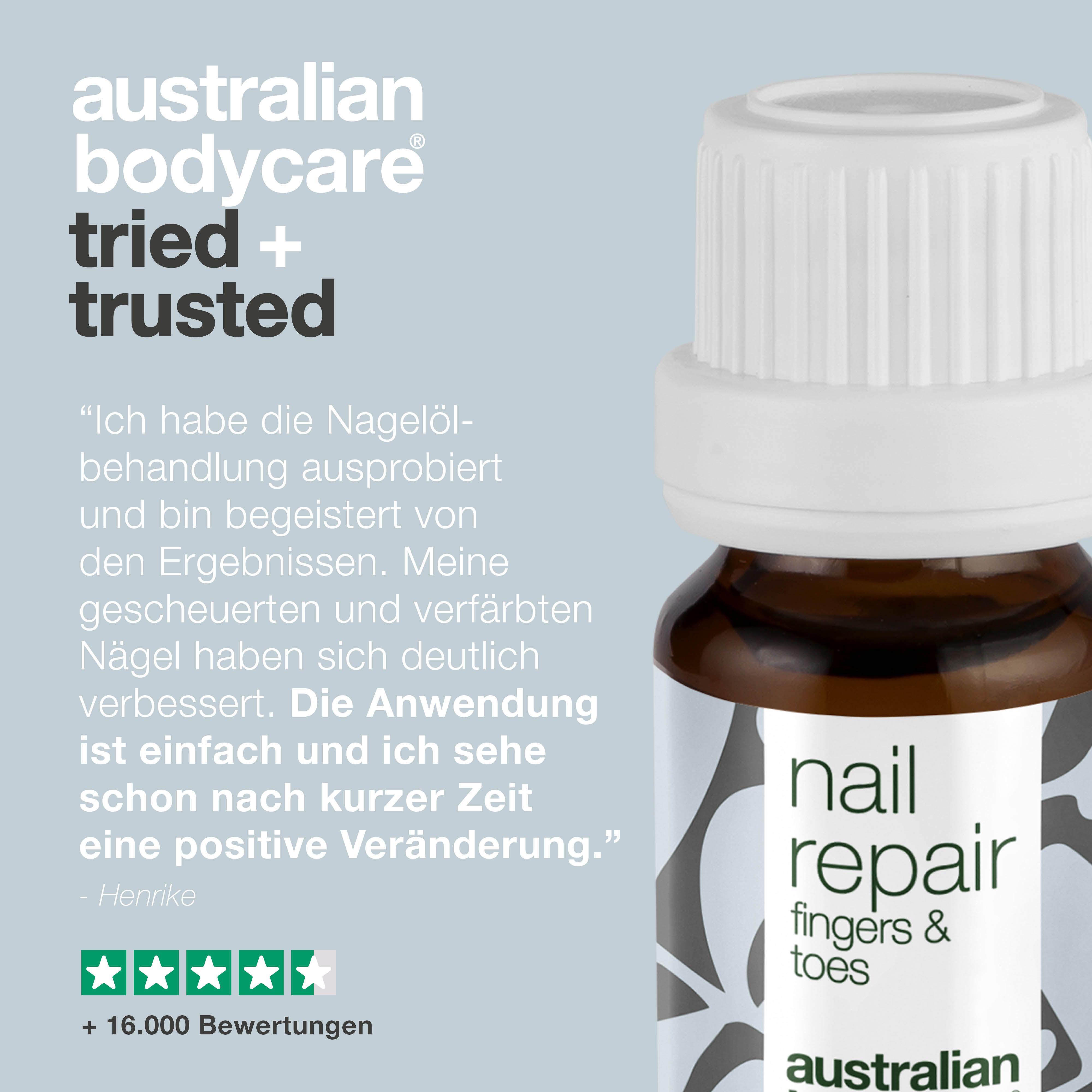 Text und Flasche "nail repair" und "australian bodycare". Zitat und Sterne-Bewertung.