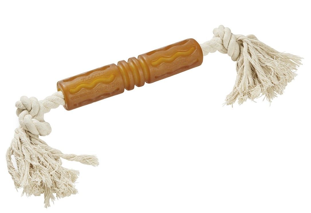 Hundespielzeug mit braunem Mittelteil und Seilenden. Der Mittelteil hat eine wellenförmige Verzierung.