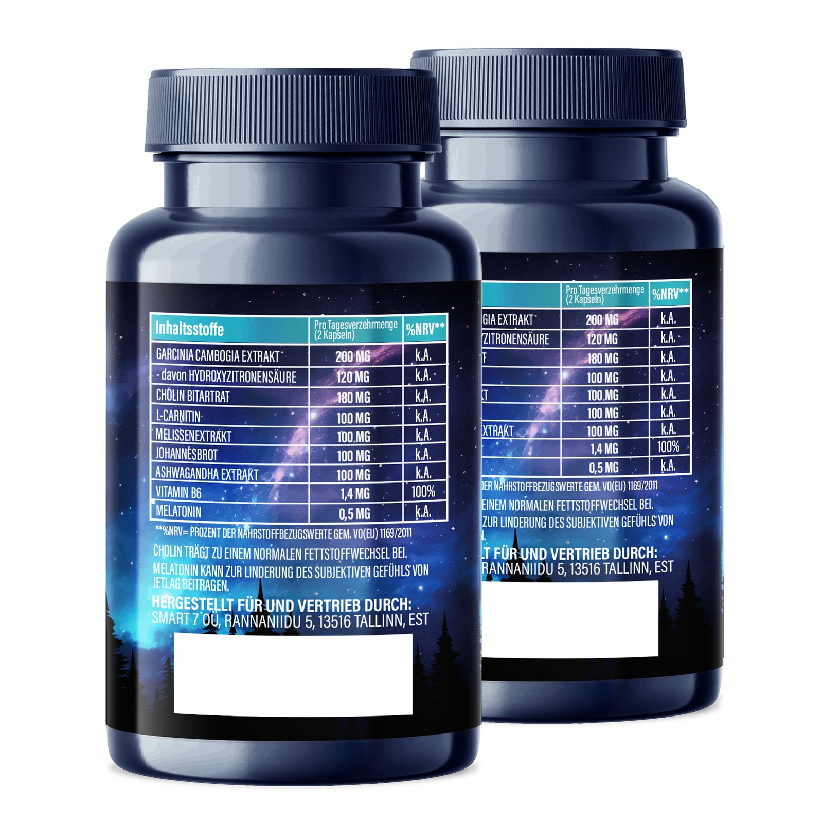 Zwei Flaschen Keto Burn® Night Mode. Rückseite mit Inhaltsstoffen und Nährwertangaben. Sterne-Design im Hintergrund.