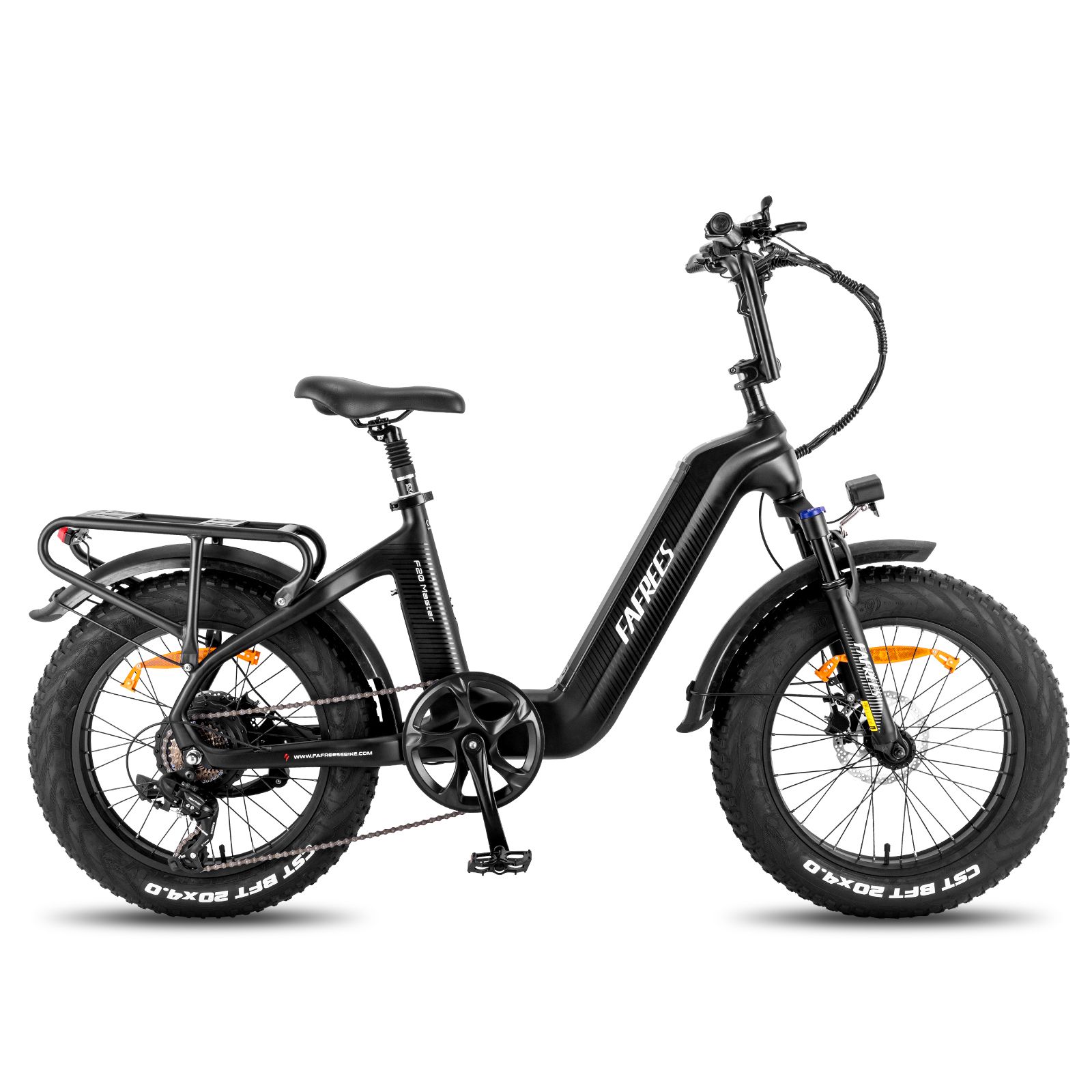 Schwarzes E-Bike mit breiten Reifen, Gepäckträger und FAFREES-Logo. Seitenansicht.