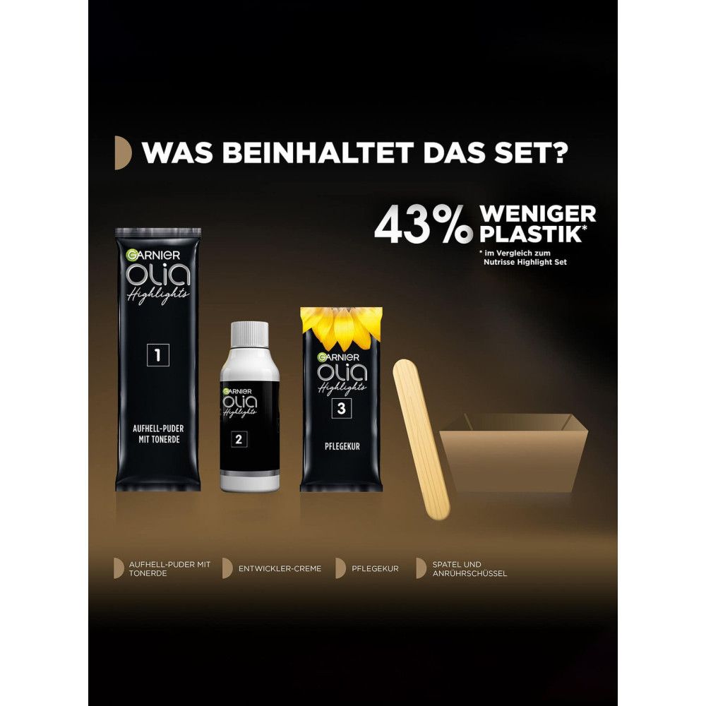 Garnier Olia Highlights Set. Enthält: Aufhell-Puder, Entwickler-Creme, Pflegekur, Spatel und Anmischschüssel. 43% weniger Plastik.